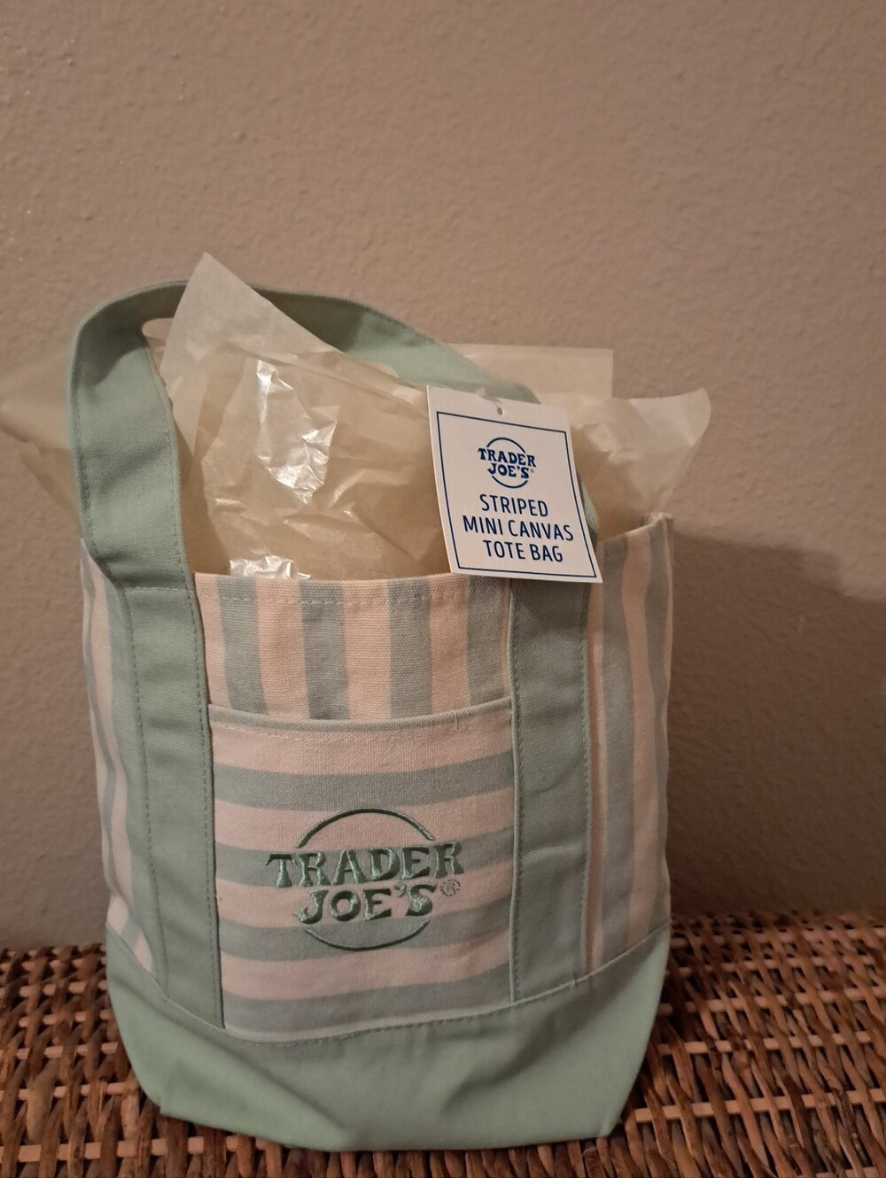 TRADER JOE's Striped Mini Canvas Tote Bag Newly released /Light Green and Cream